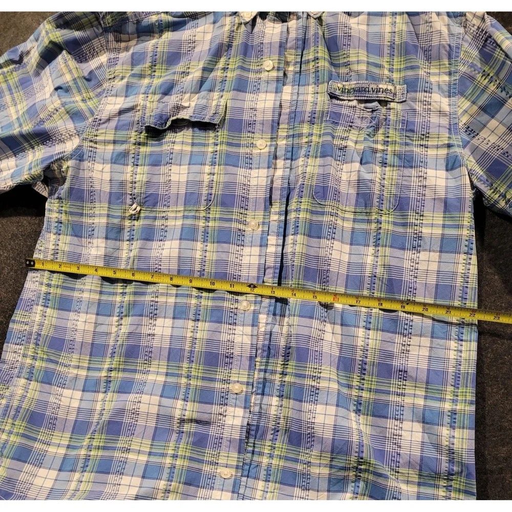 Vineyard Vines Harbor Shirt Mens M Performance Fishing Plaid Blue Green Vented
